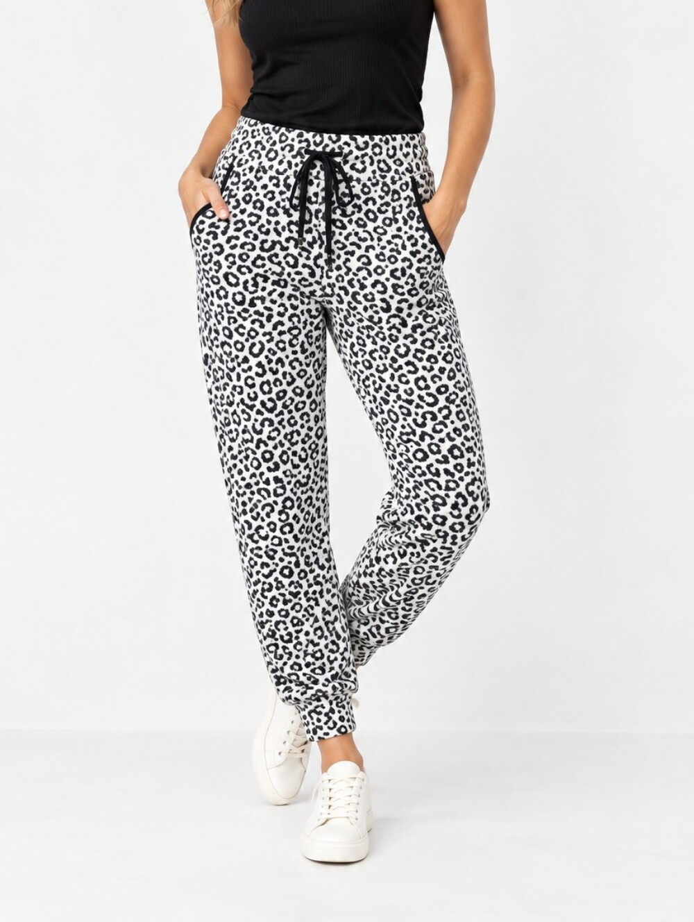 Ann Taylor Snow Leopard Print Knit Joggers in Black & White